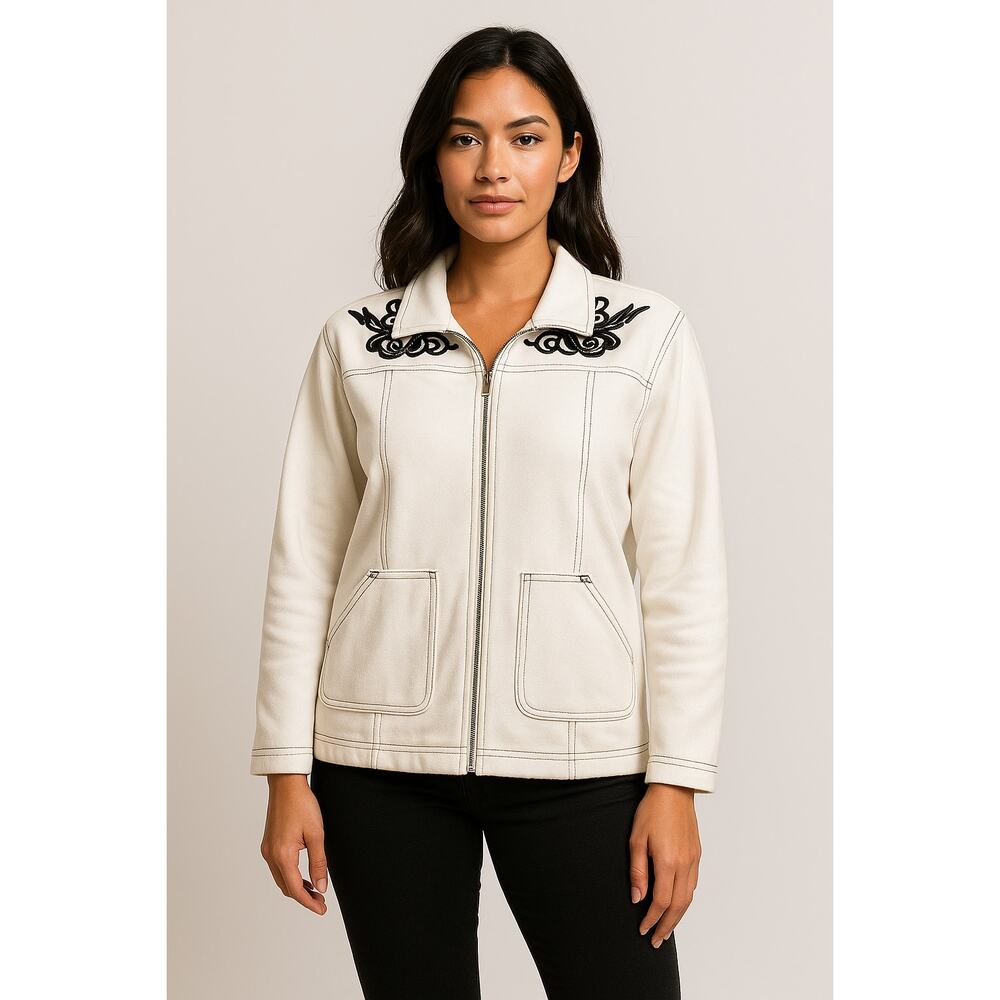 Embroidered White Zip Jacket Black Detail Blast Studio Size 18